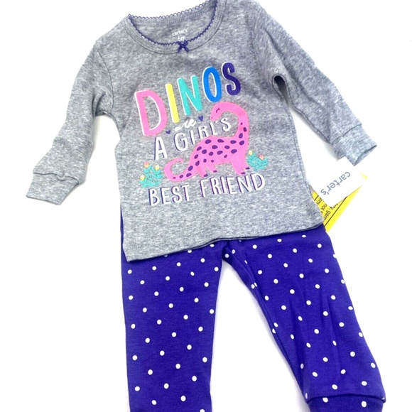 Carter's Baby Pajams Size 6m Girls Sleepwear 2pc Set Top Pants Dinos Glitter - Picture 1 of 7